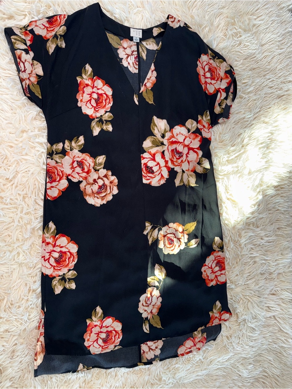 Black Floral Shift Dress with Pink & Green Roses